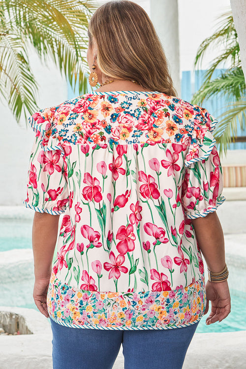 Pink Floral Striped Trim V-Neck Blouse
