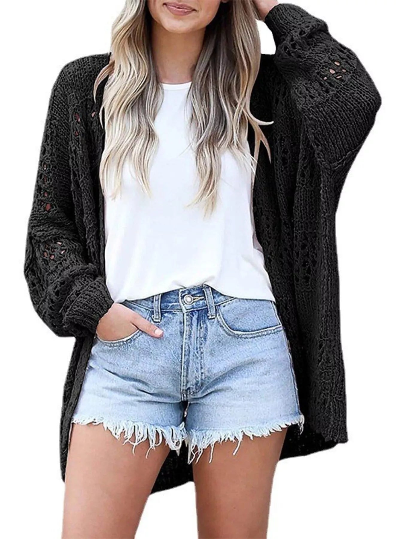 Plus Size Openwork Open Front Lightweight Cardigan
