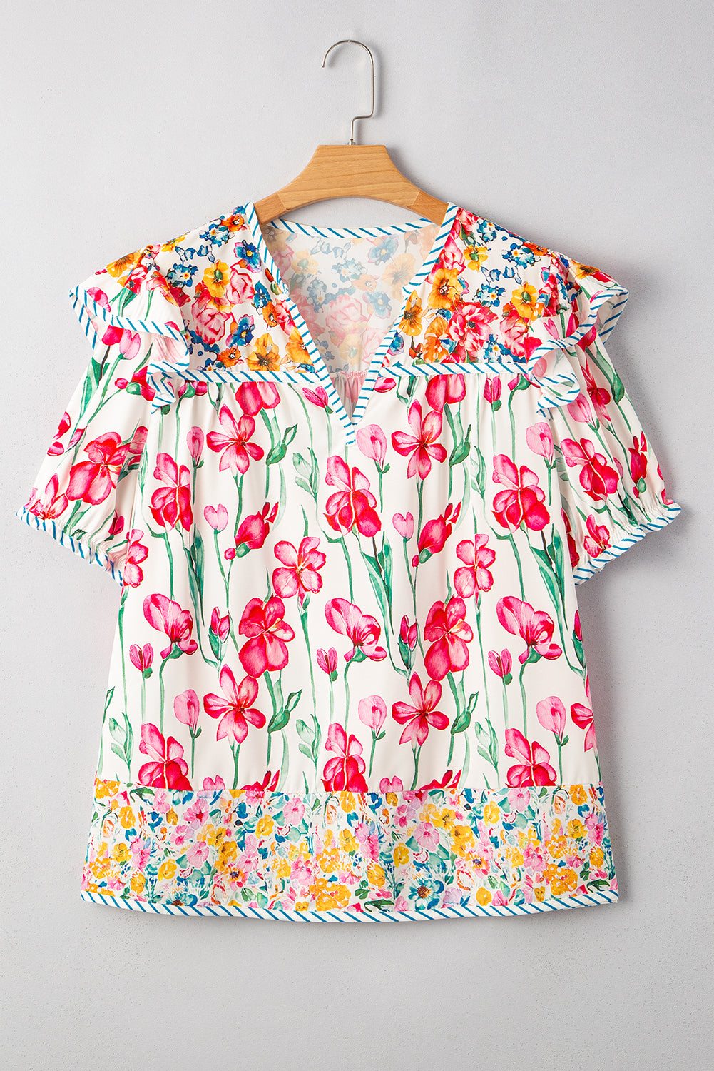 Pink Floral Striped Trim V-Neck Blouse