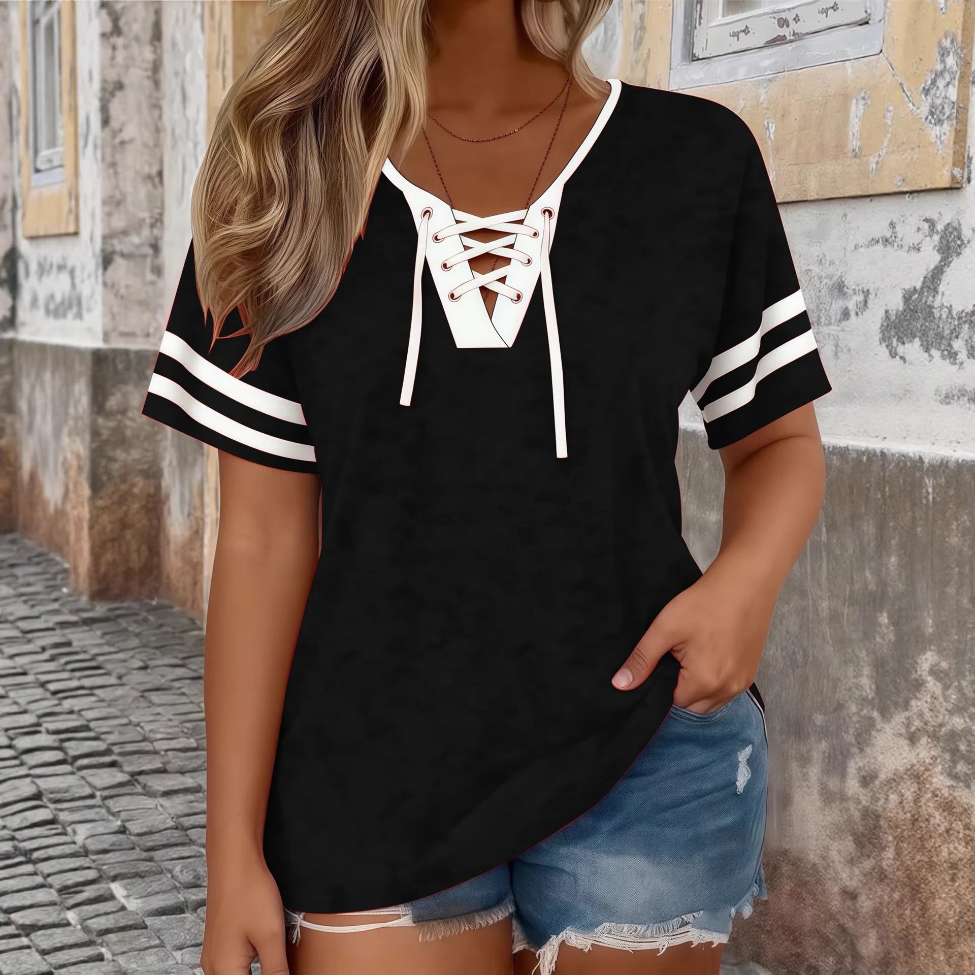 Plus Size Color-Block V-Neck Half-Sleeve Top