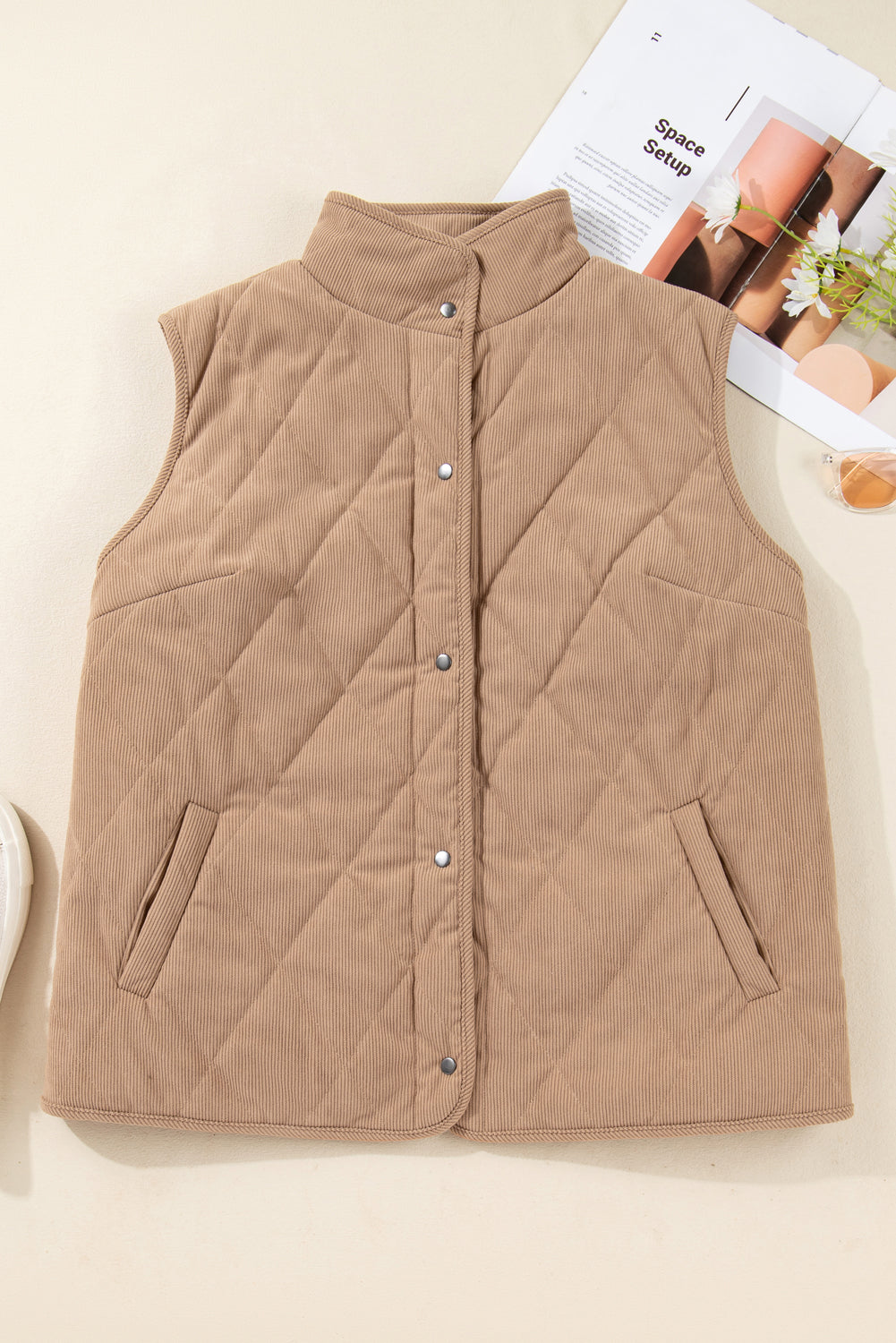 Plus Size Quilted Corduroy Snap Button Vest Jacket