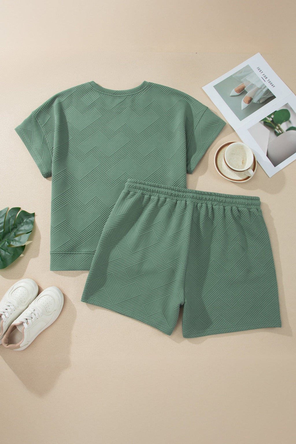 Mineral Blue Textured Top & Drawstring Shorts Set