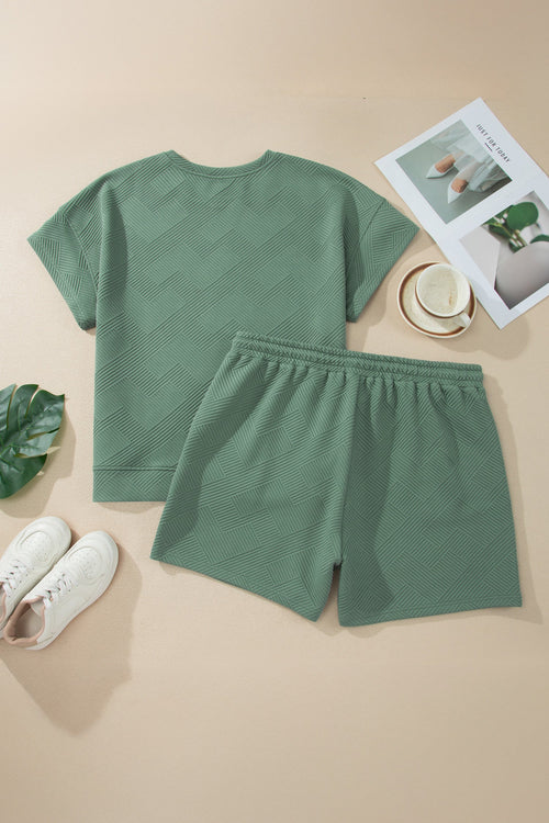 Mineral Blue Textured Top & Drawstring Shorts Set
