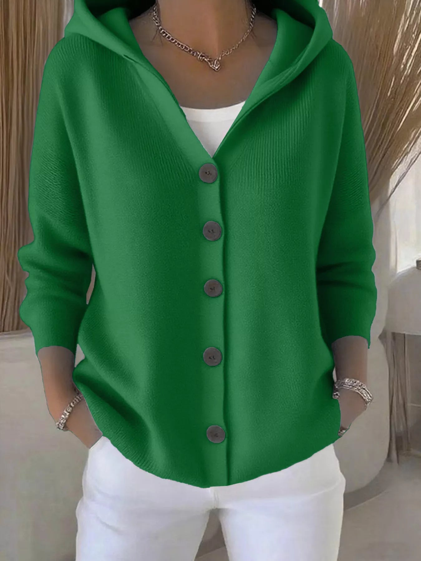 Plus Size Hooded Button-Down Knit Cardigan