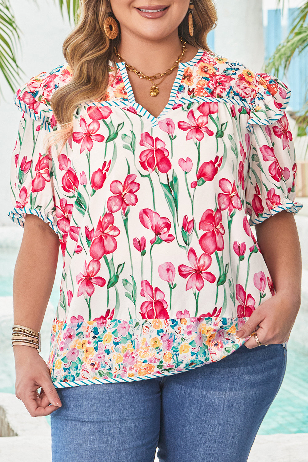 Pink Floral Striped Trim V-Neck Blouse