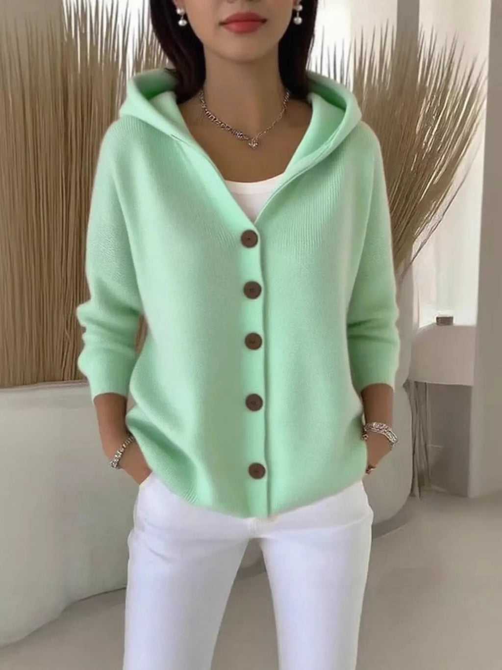 Plus Size Hooded Button-Down Knit Cardigan