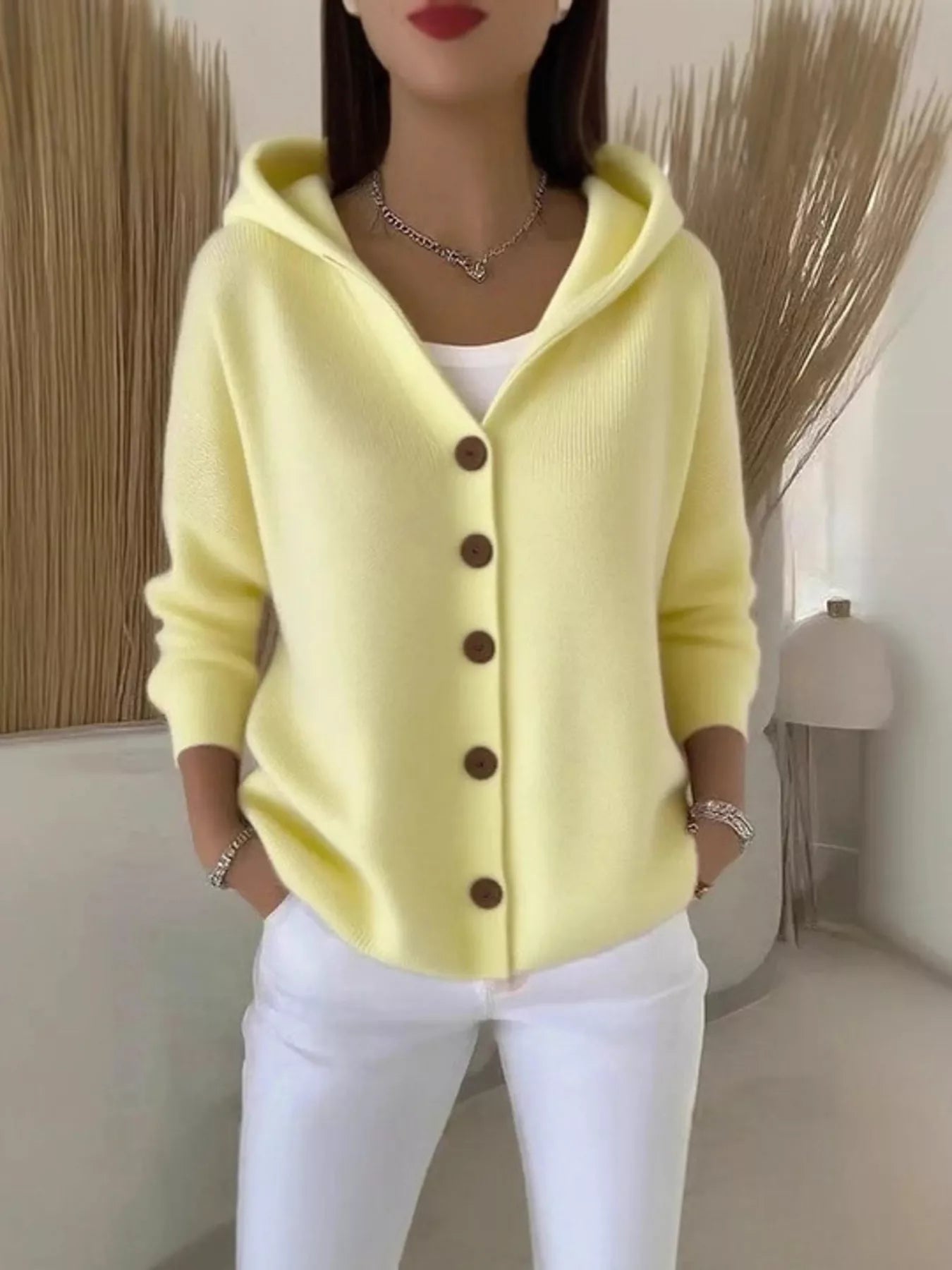 Plus Size Hooded Button-Down Knit Cardigan
