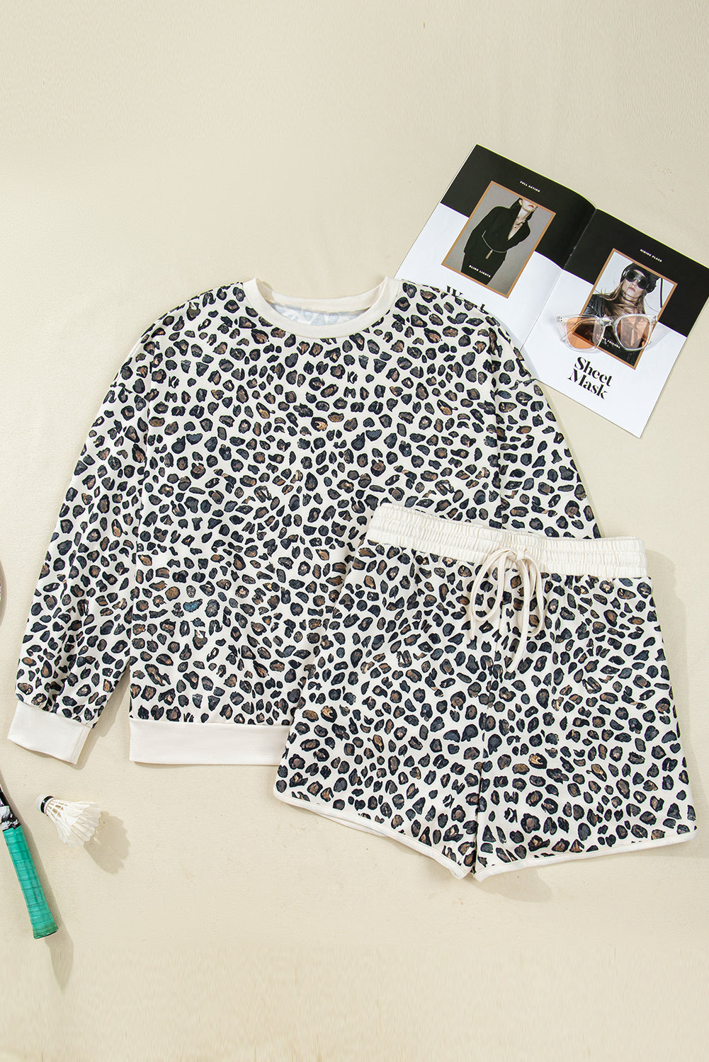 Khaki Leopard Print Pullover & Shorts Set