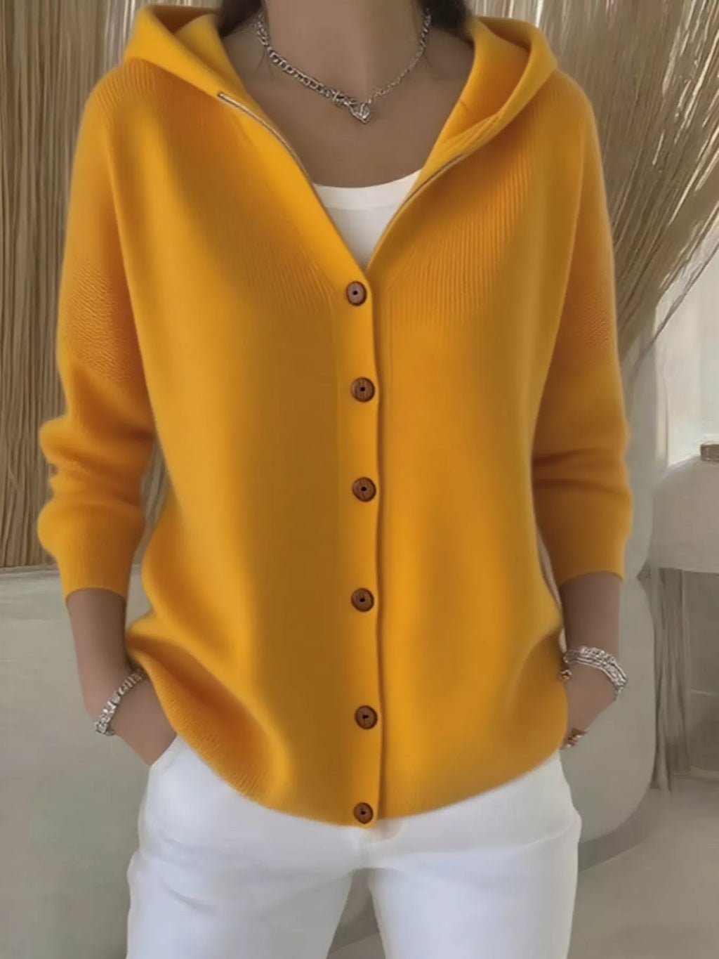 Plus Size Hooded Button-Down Knit Cardigan