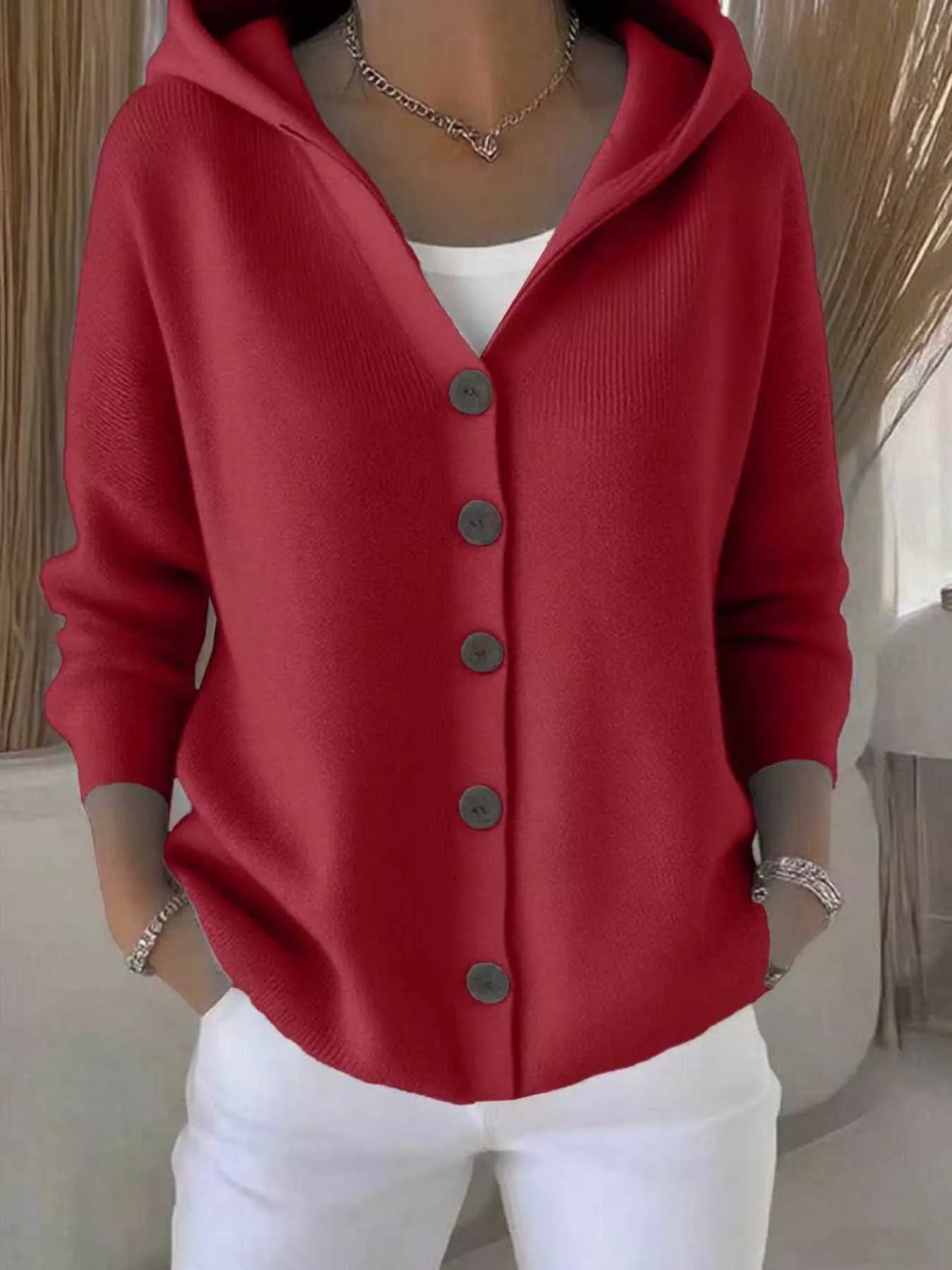 Plus Size Hooded Button-Down Knit Cardigan