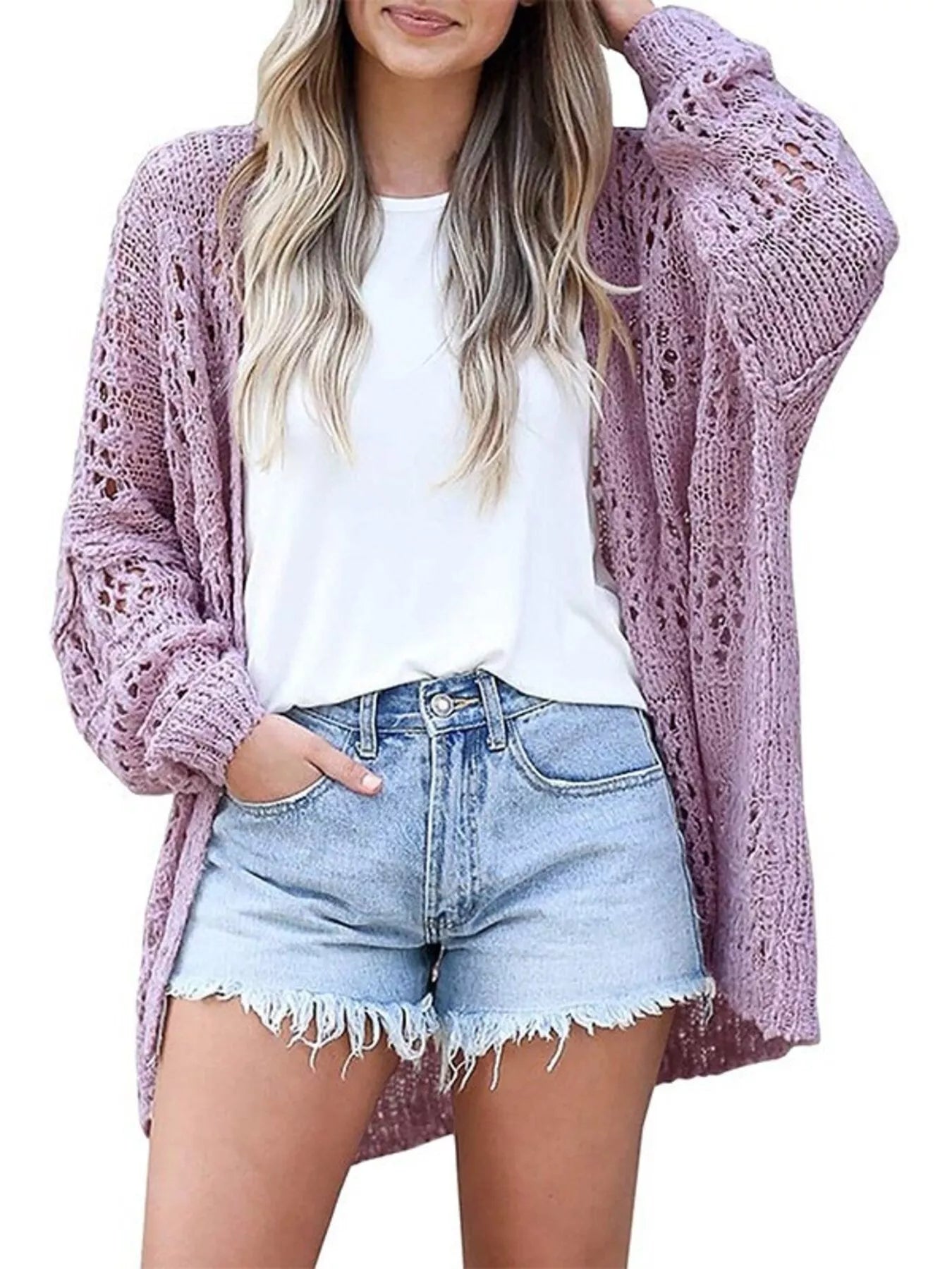 Plus Size Openwork Open Front Lightweight Cardigan