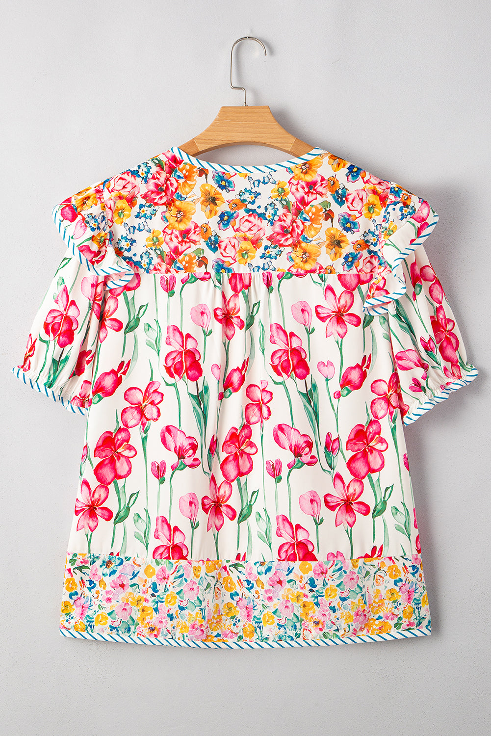 Pink Floral Striped Trim V-Neck Blouse