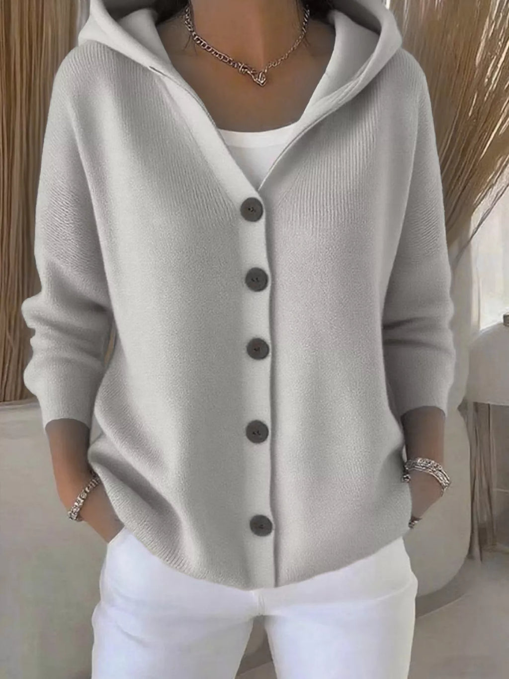 Plus Size Hooded Button-Down Knit Cardigan
