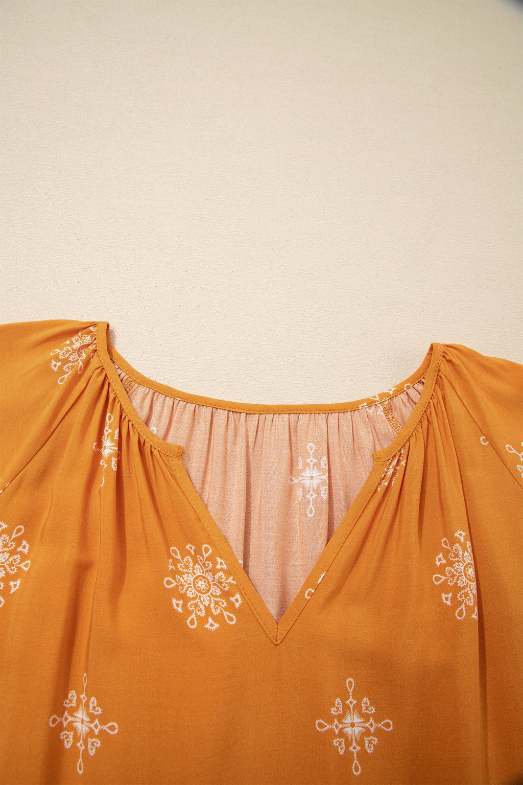 Plus Size Boho Floral Notch V-Neck Top