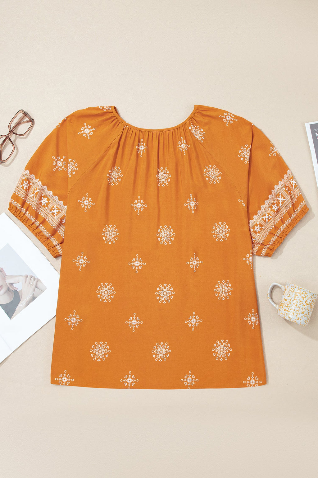 Plus Size Boho Floral Notch V-Neck Top
