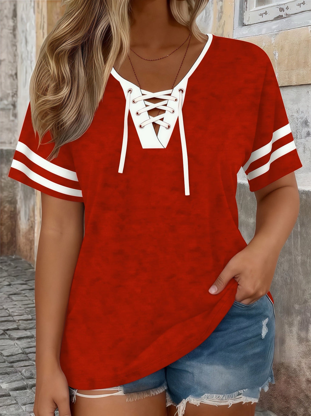 Plus Size Color-Block V-Neck Half-Sleeve Top