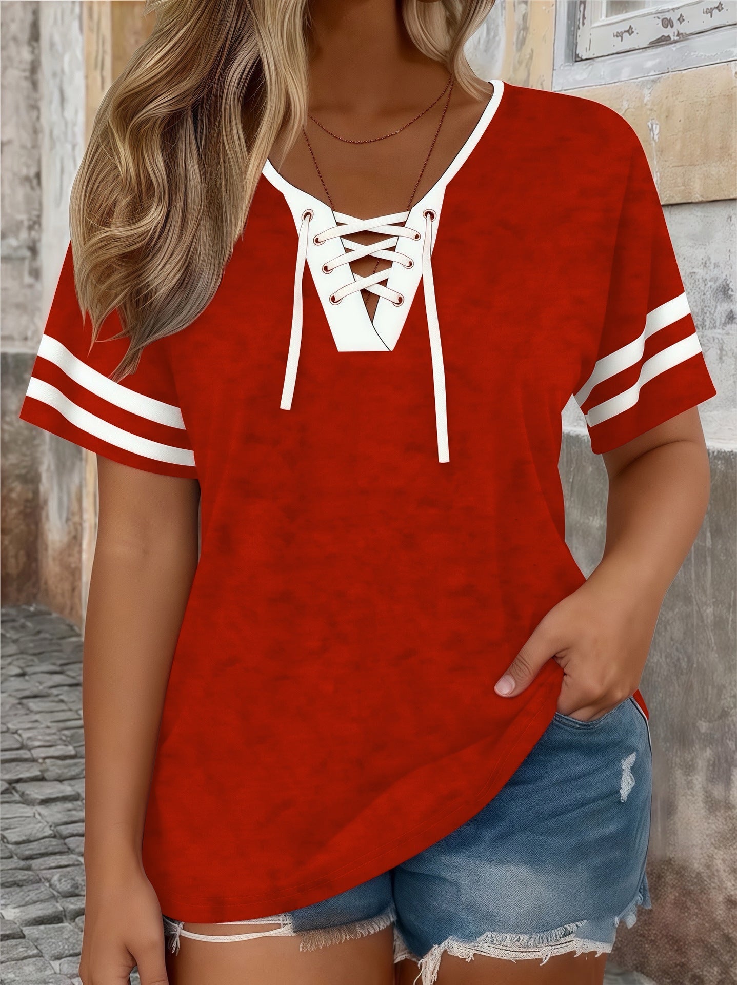 Plus Size Color-Block V-Neck Half-Sleeve Top