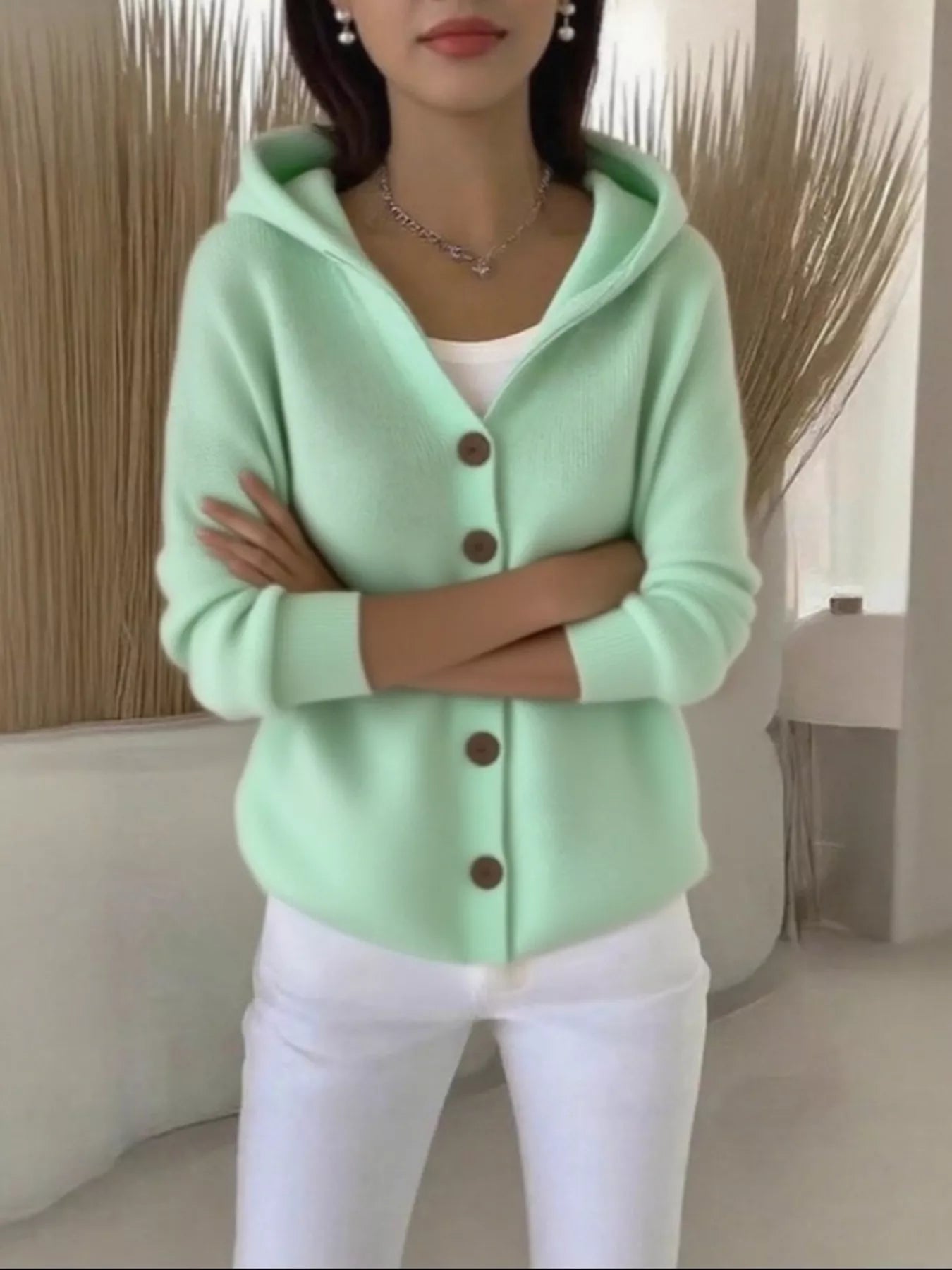 Plus Size Hooded Button-Down Knit Cardigan