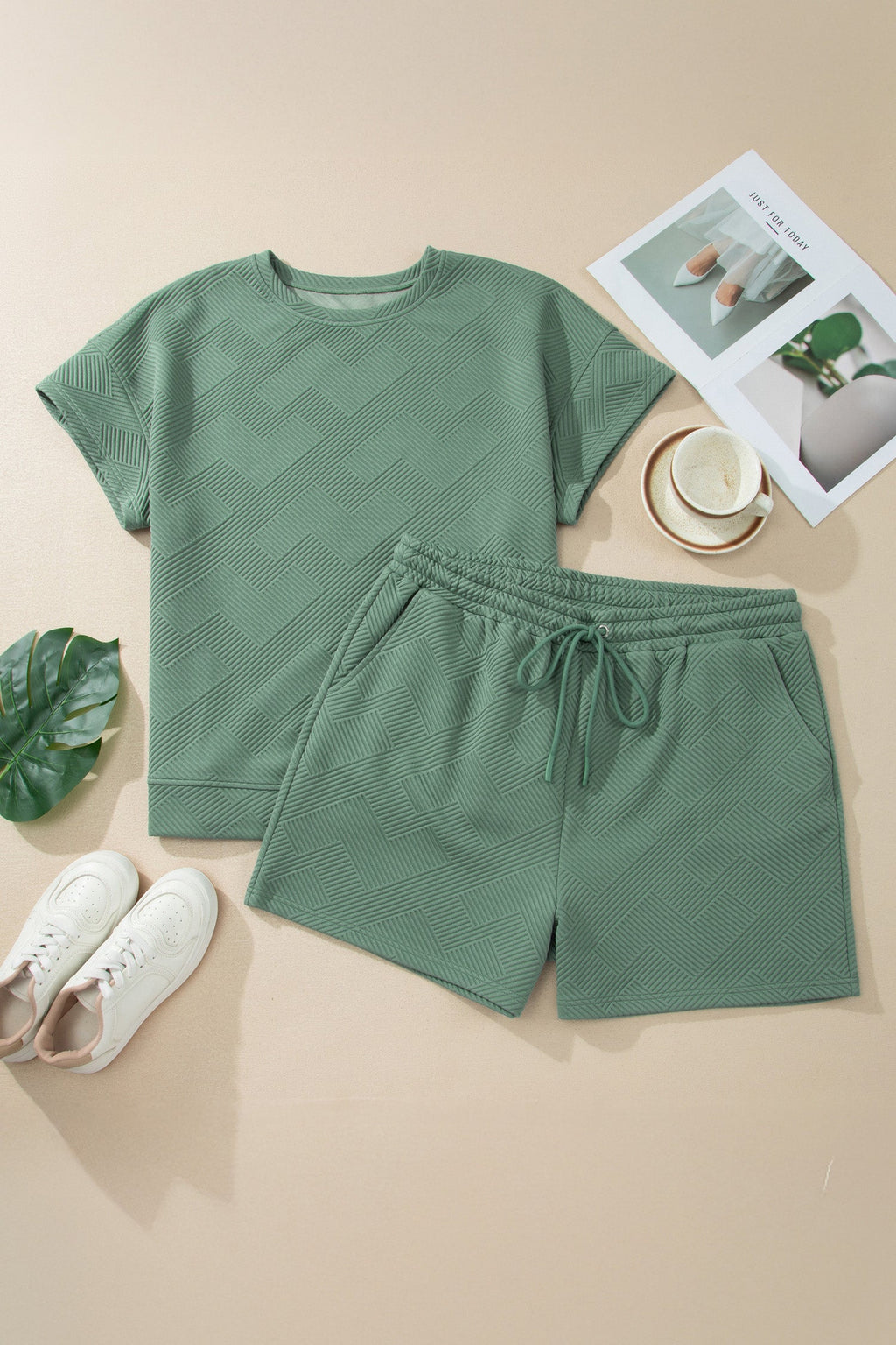 Mineral Blue Textured Top & Drawstring Shorts Set