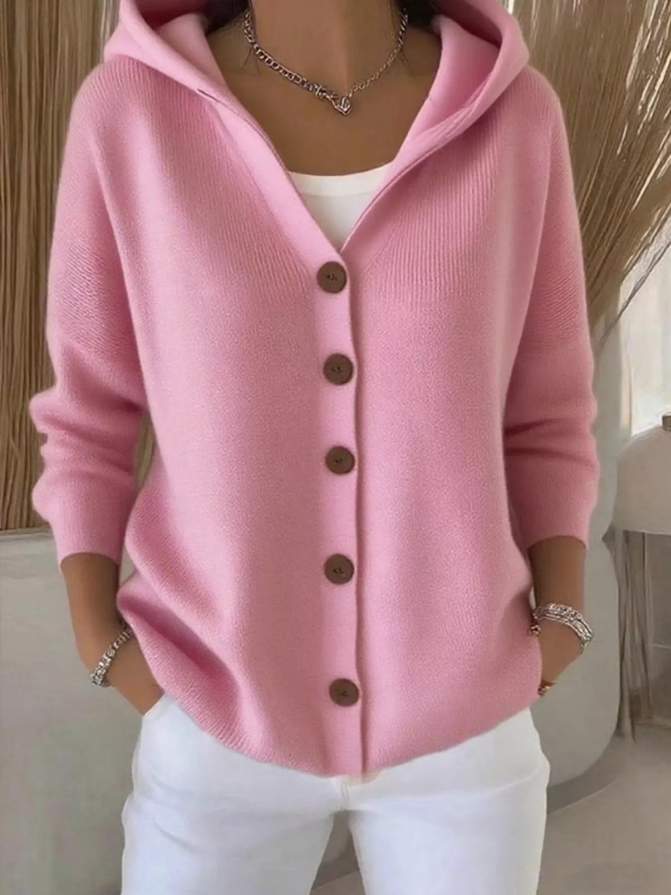 Plus Size Hooded Button-Down Knit Cardigan