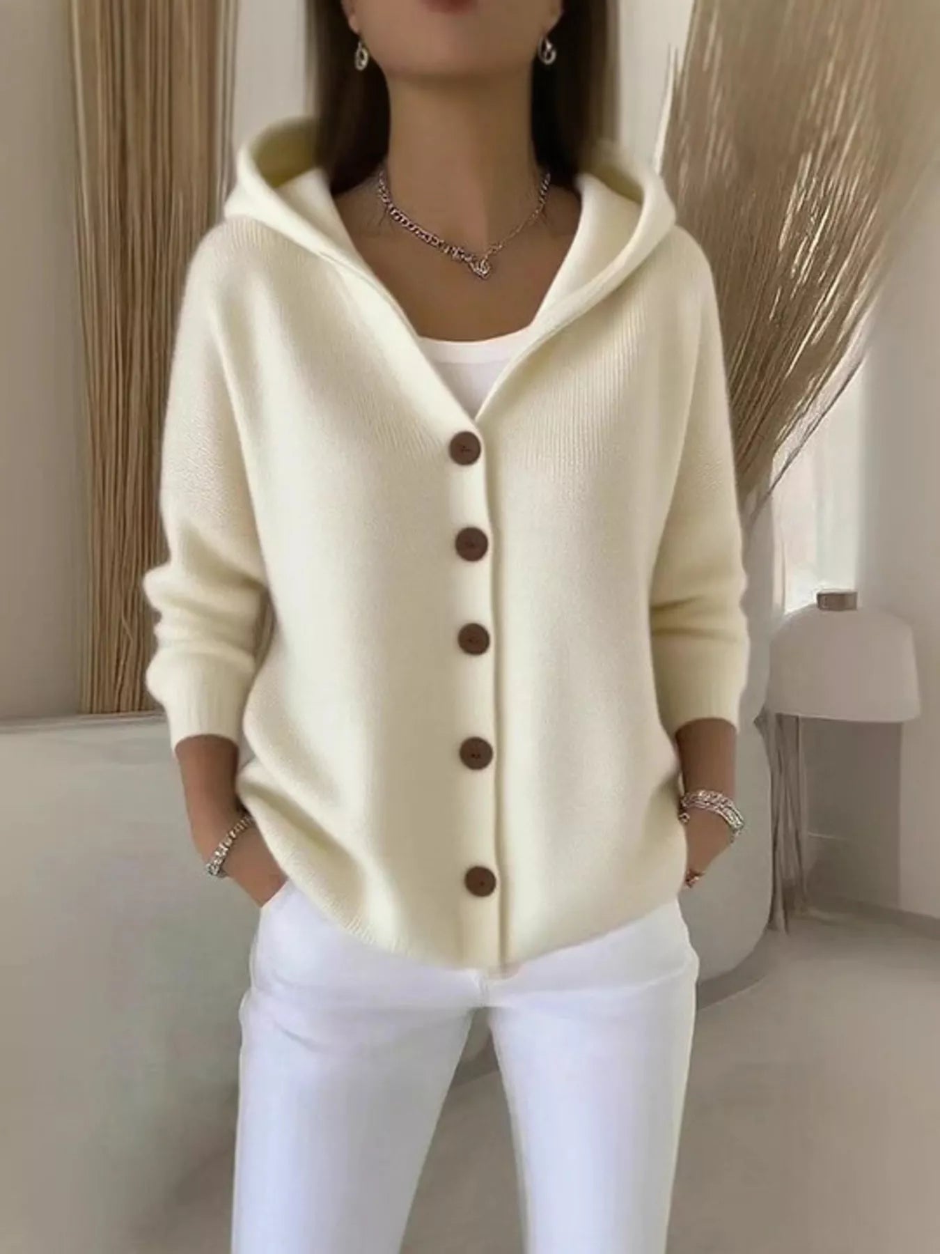 Plus Size Hooded Button-Down Knit Cardigan