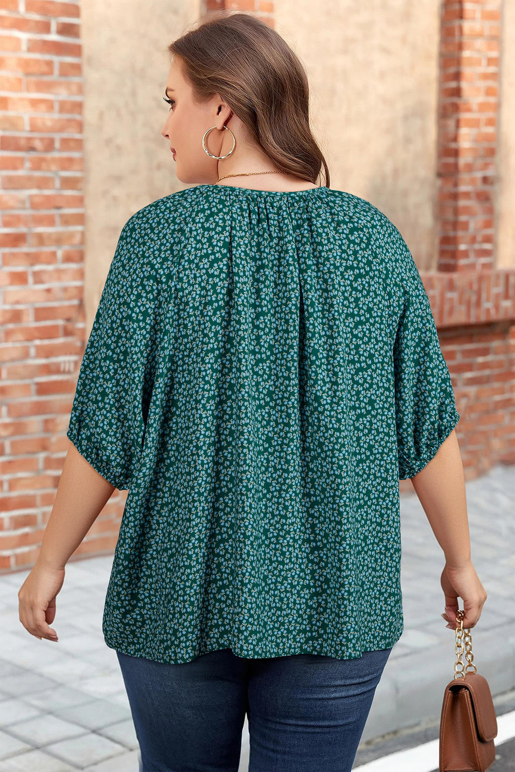 Plus Size Boho Floral Notch V-Neck Top