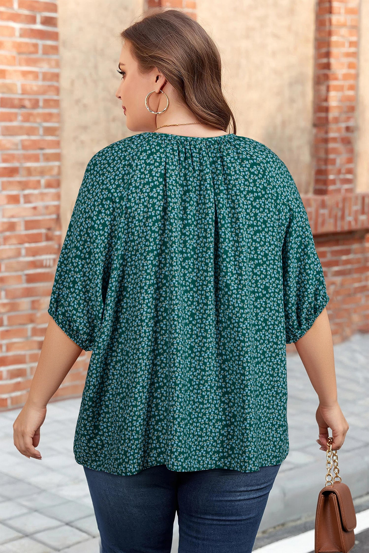Plus Size Boho Floral Notch V-Neck Top