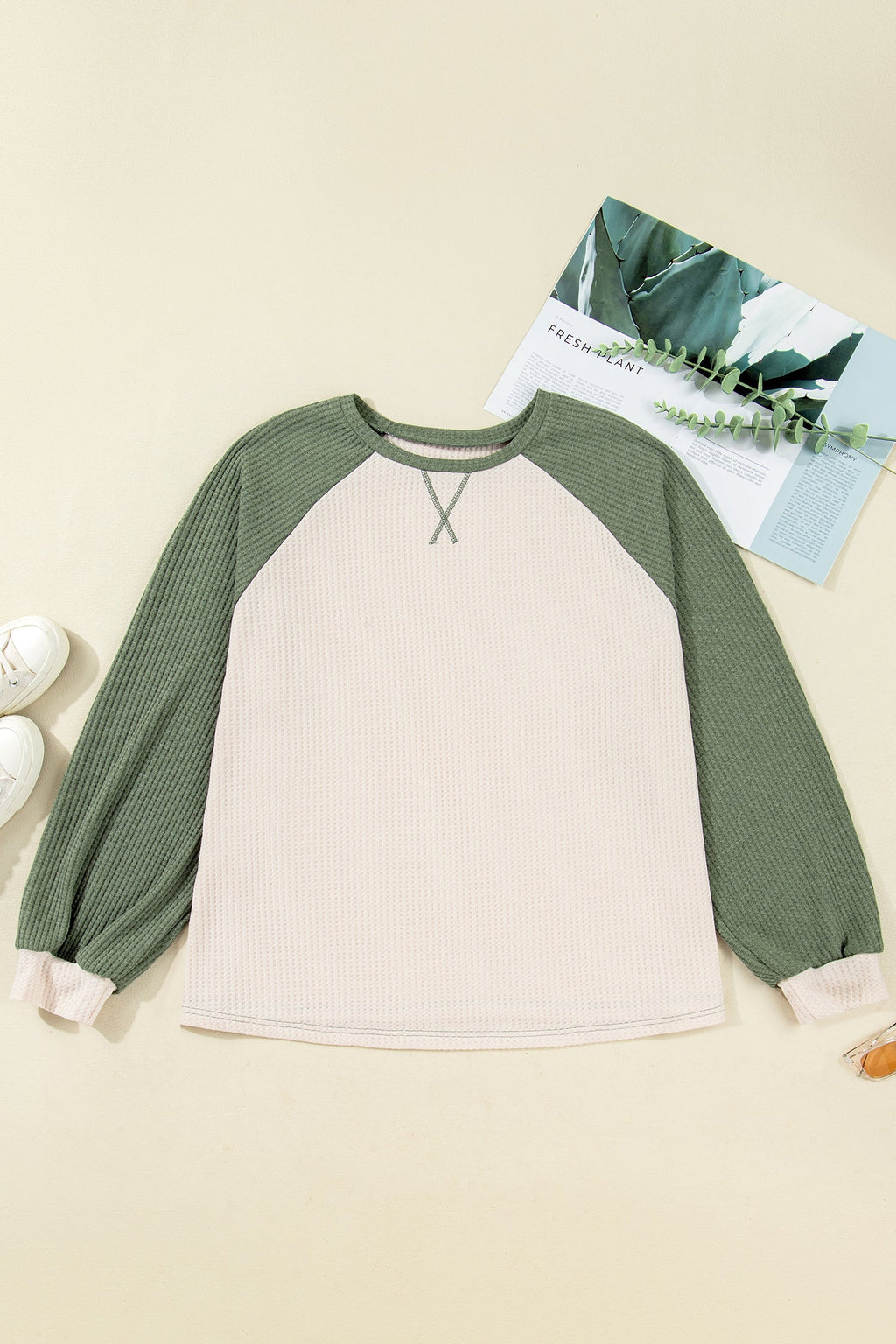 Plus Size Colorblock Waffle Knit Long Sleeve Top