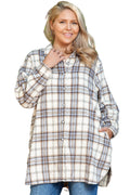 White Plaid Print Tunic Plus Size Shacket with Slits
