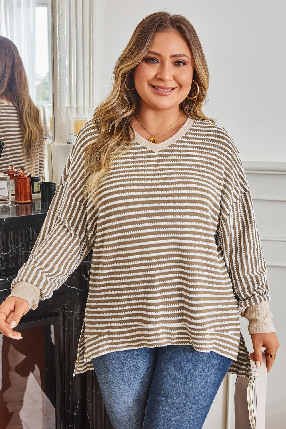 Plus Size Stripe Textured Dolman Sleeve Top