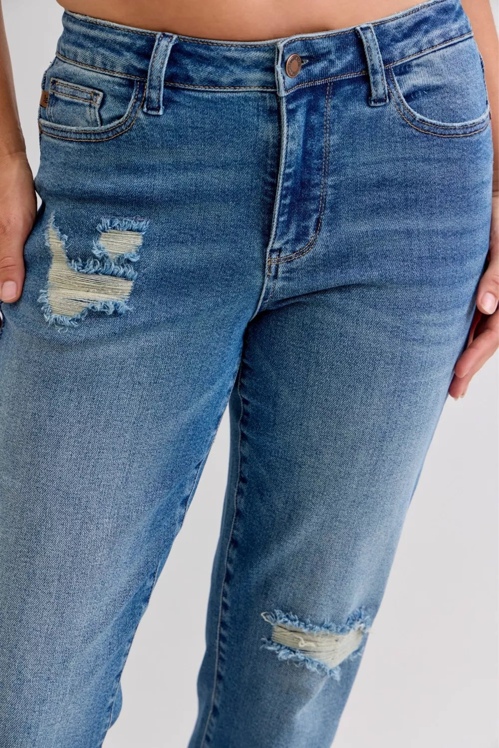 Judy Blue Full Size Mid Rise Bf Patch & Repair Destroy Release Hem Jeans Plus Size