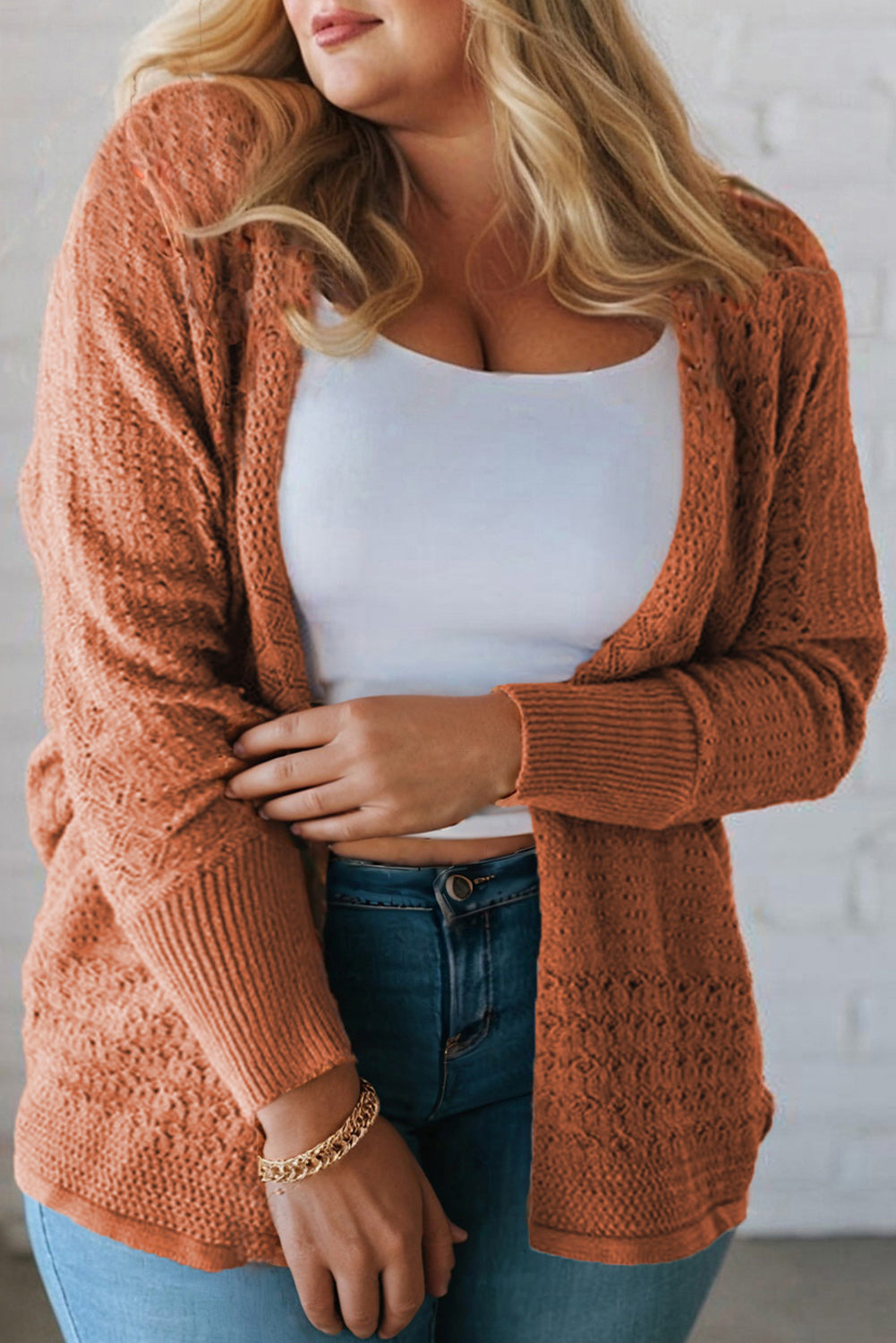 Plus Size Solid Pointelle Knit Open Front Cardigan