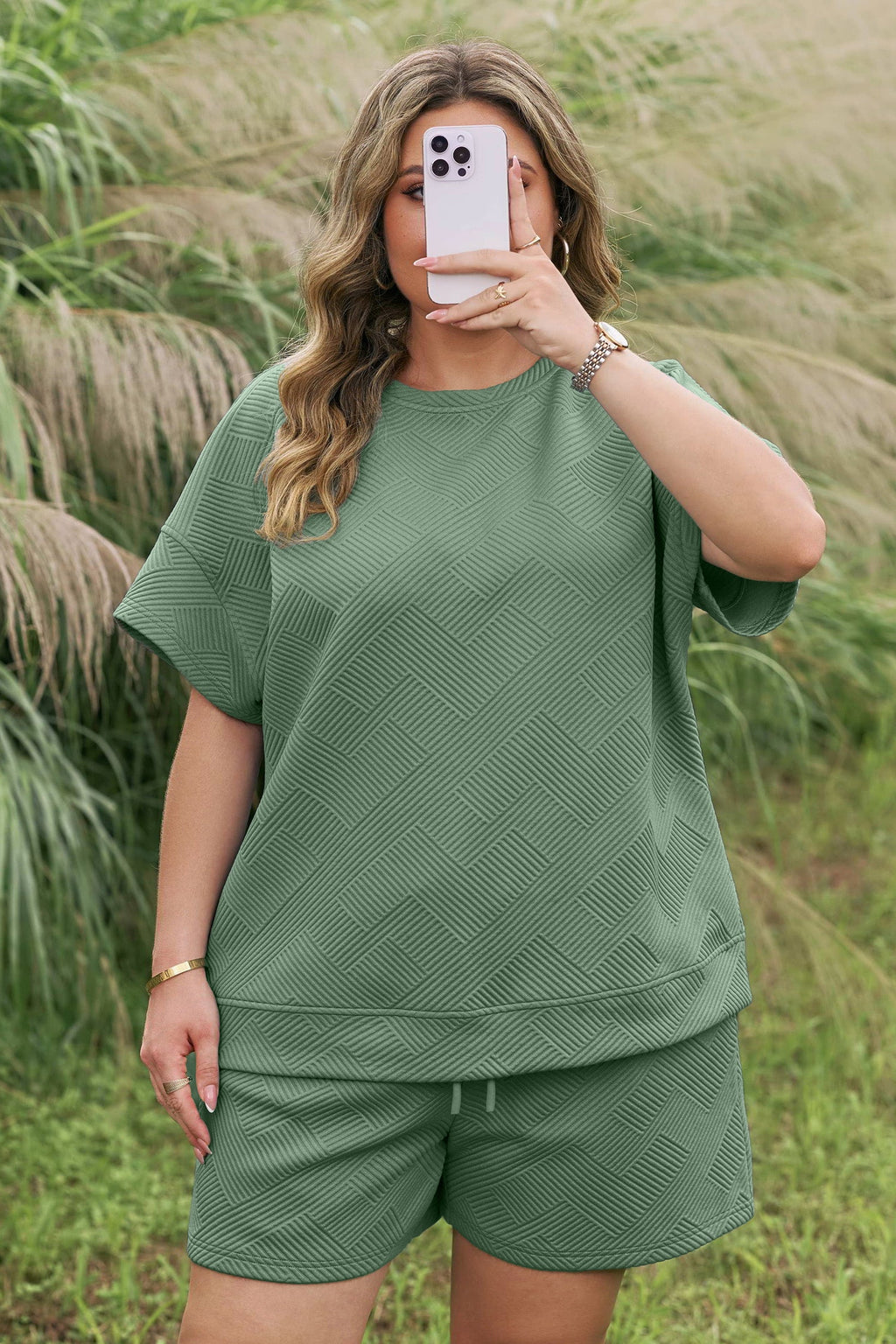 Mineral Blue Textured Top & Drawstring Shorts Set