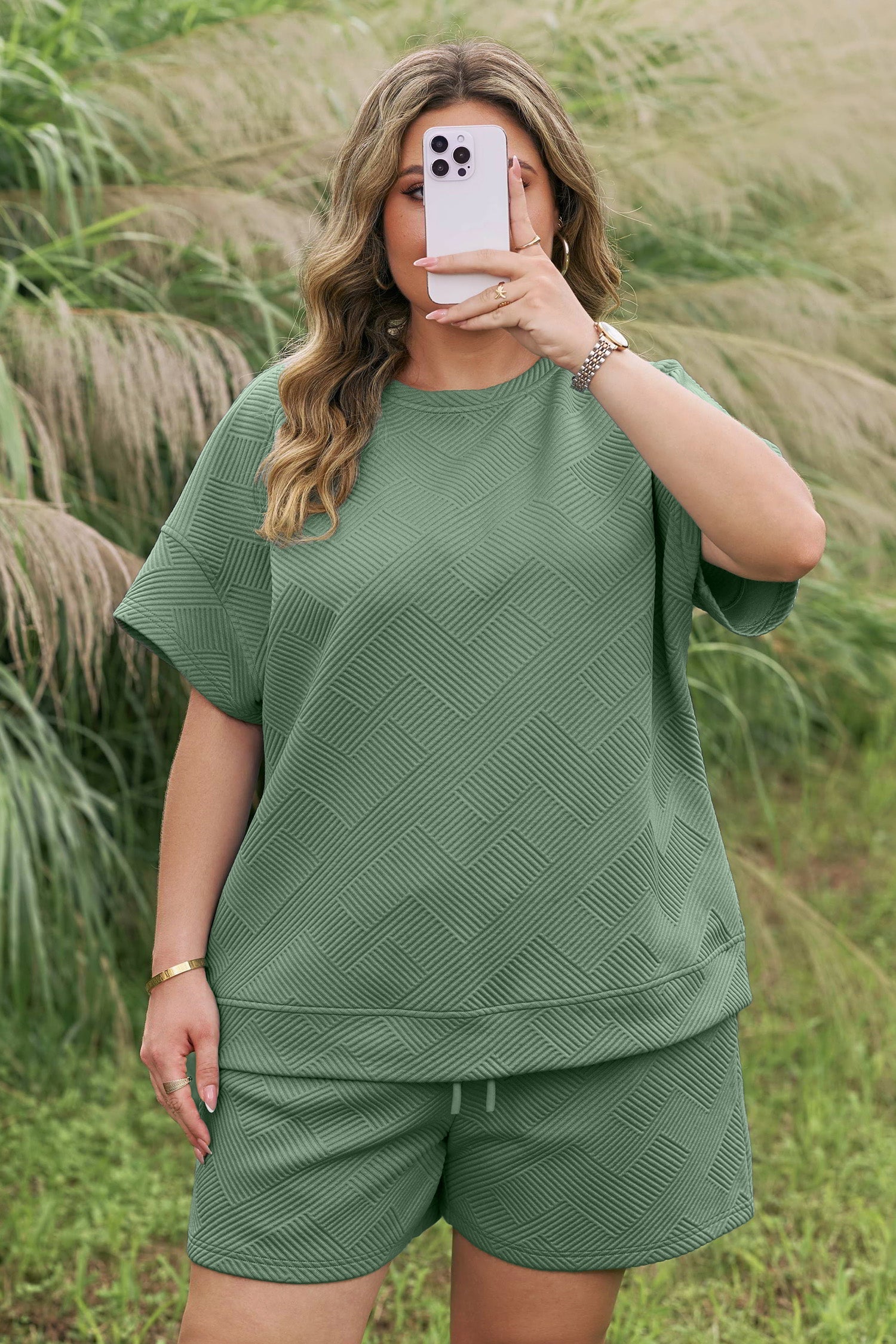 Mineral Blue Textured Top & Drawstring Shorts Set