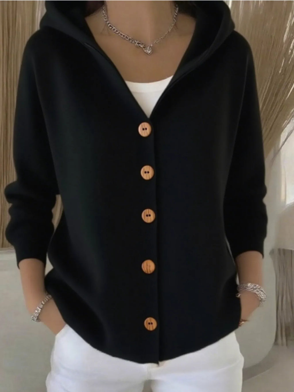 Plus Size Hooded Button-Down Knit Cardigan