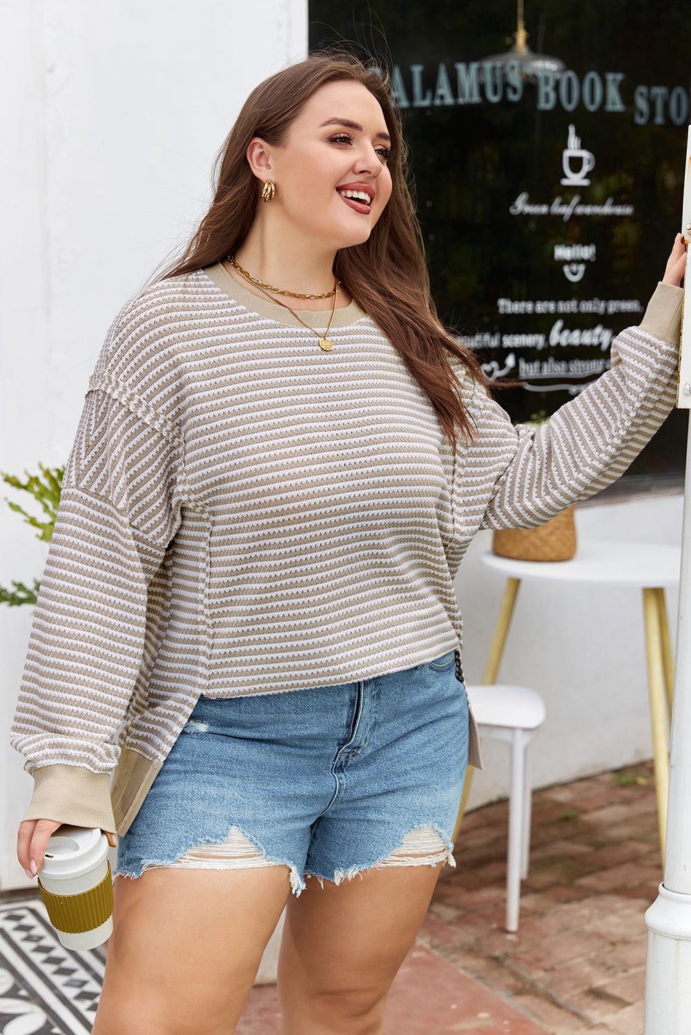 Plus Size Stripe Knit Ribbed Long Sleeve Top