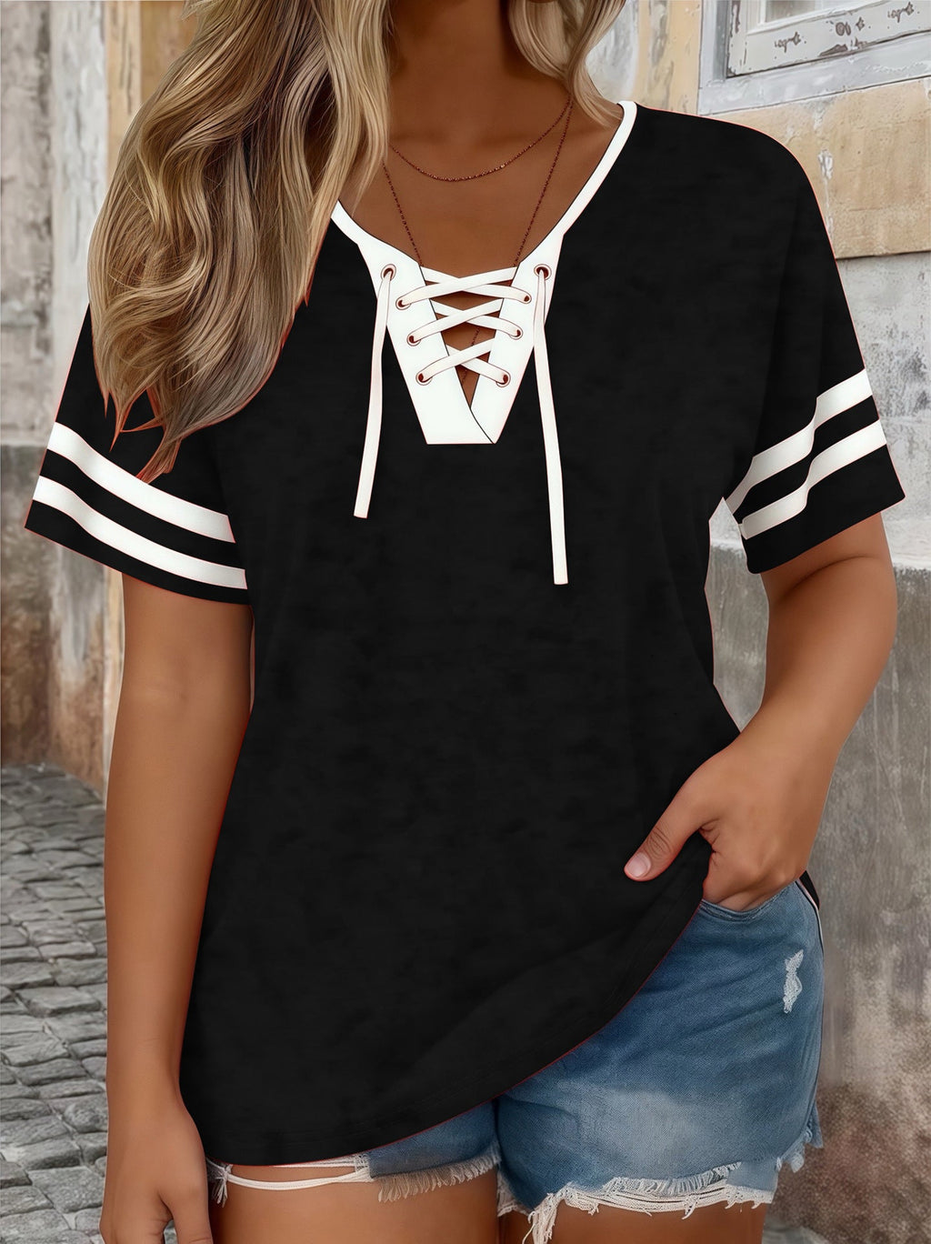 Plus Size Color-Block V-Neck Half-Sleeve Top
