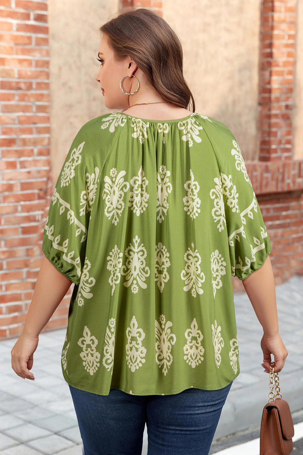 Plus Size Boho Floral Notch V-Neck Top
