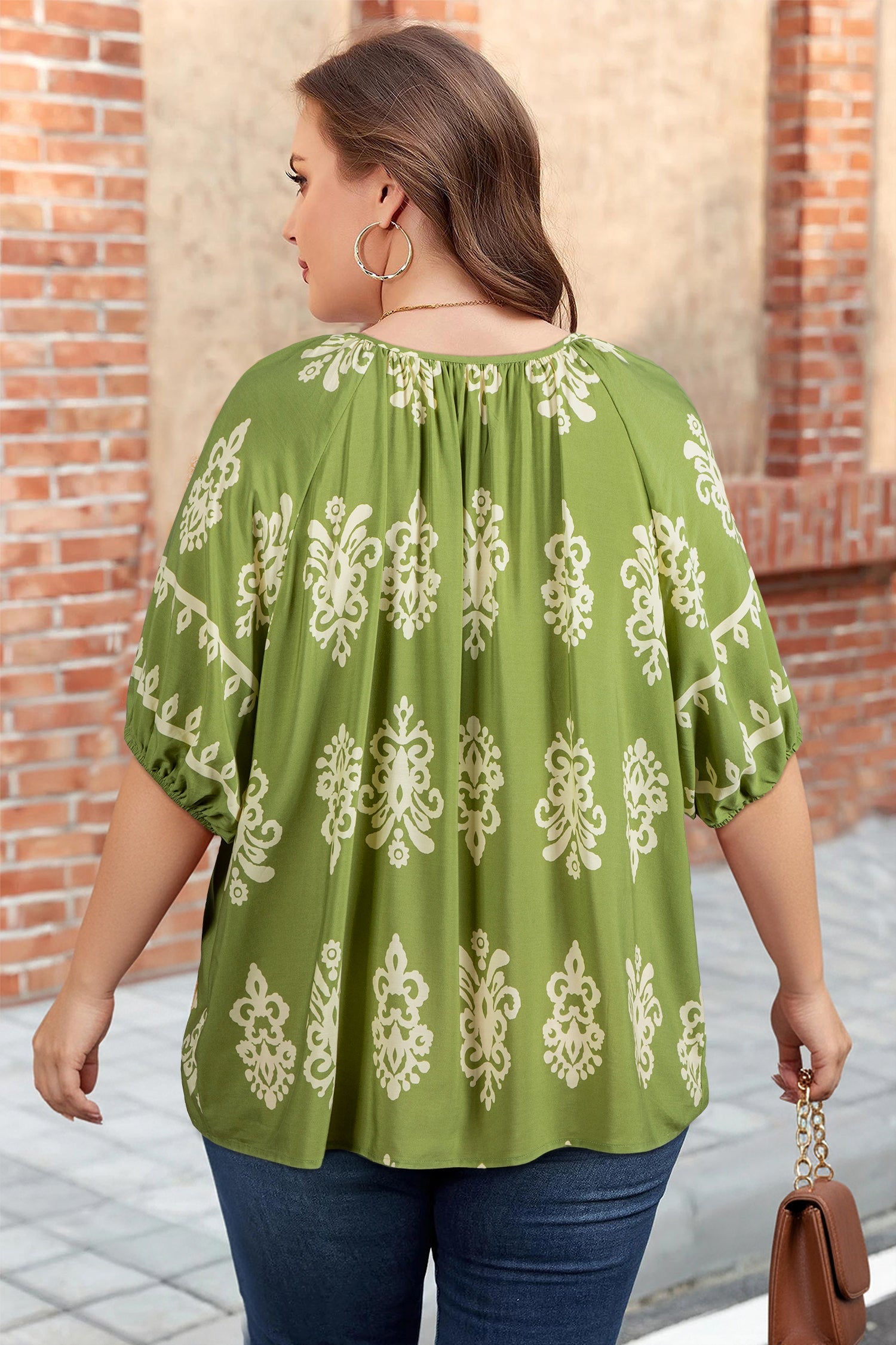 Plus Size Boho Floral Notch V-Neck Top