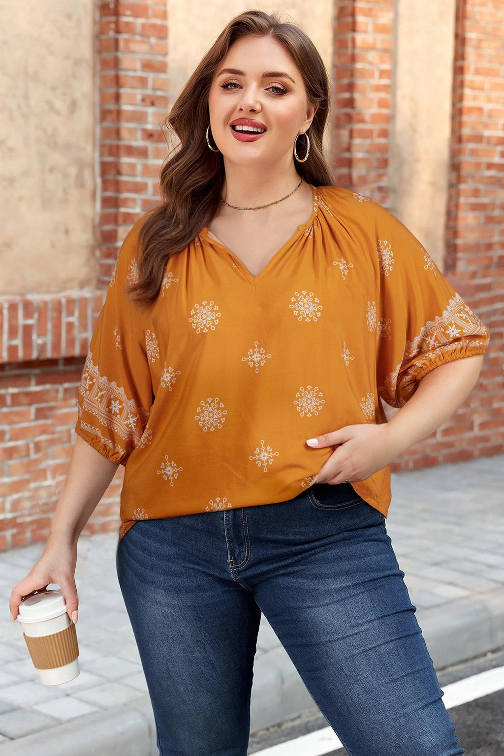 Plus Size Boho Floral Notch V-Neck Top
