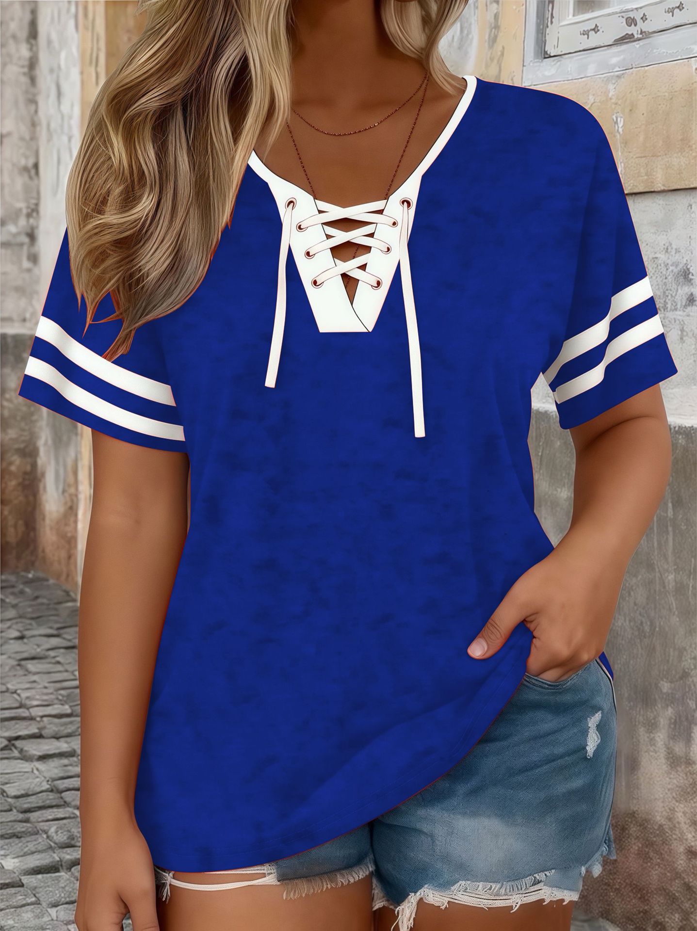 Plus Size Color-Block V-Neck Half-Sleeve Top