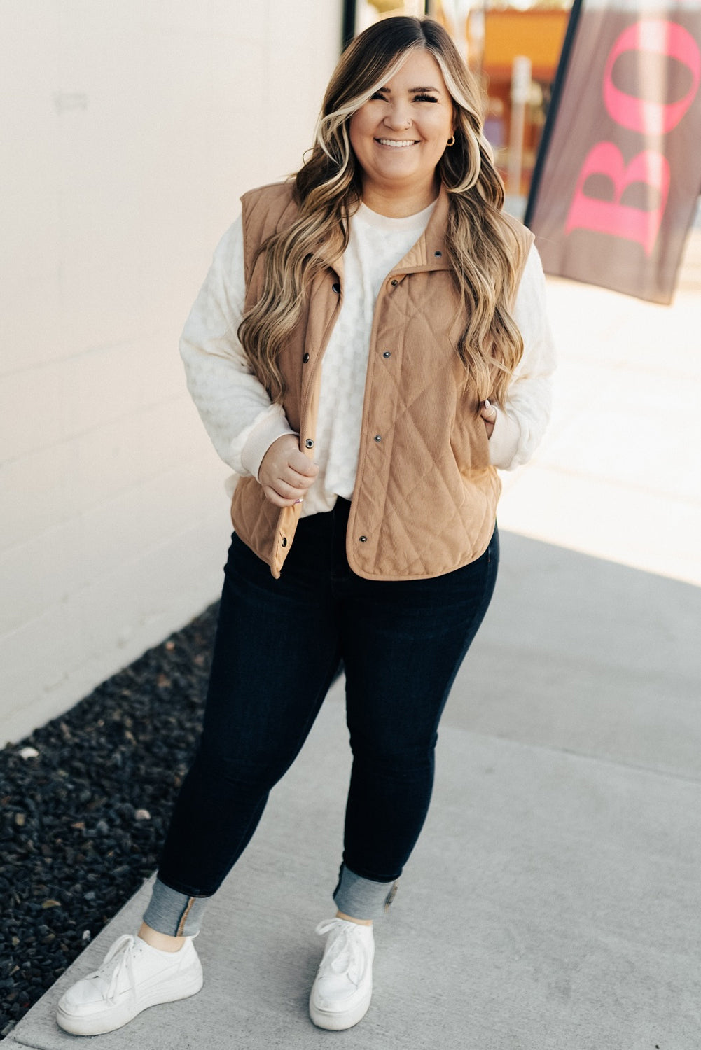 Plus Size Quilted Corduroy Snap Button Vest Jacket