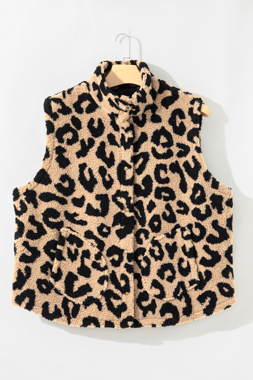 Plus Size Leopard Sherpa Buttoned Vest Jacket