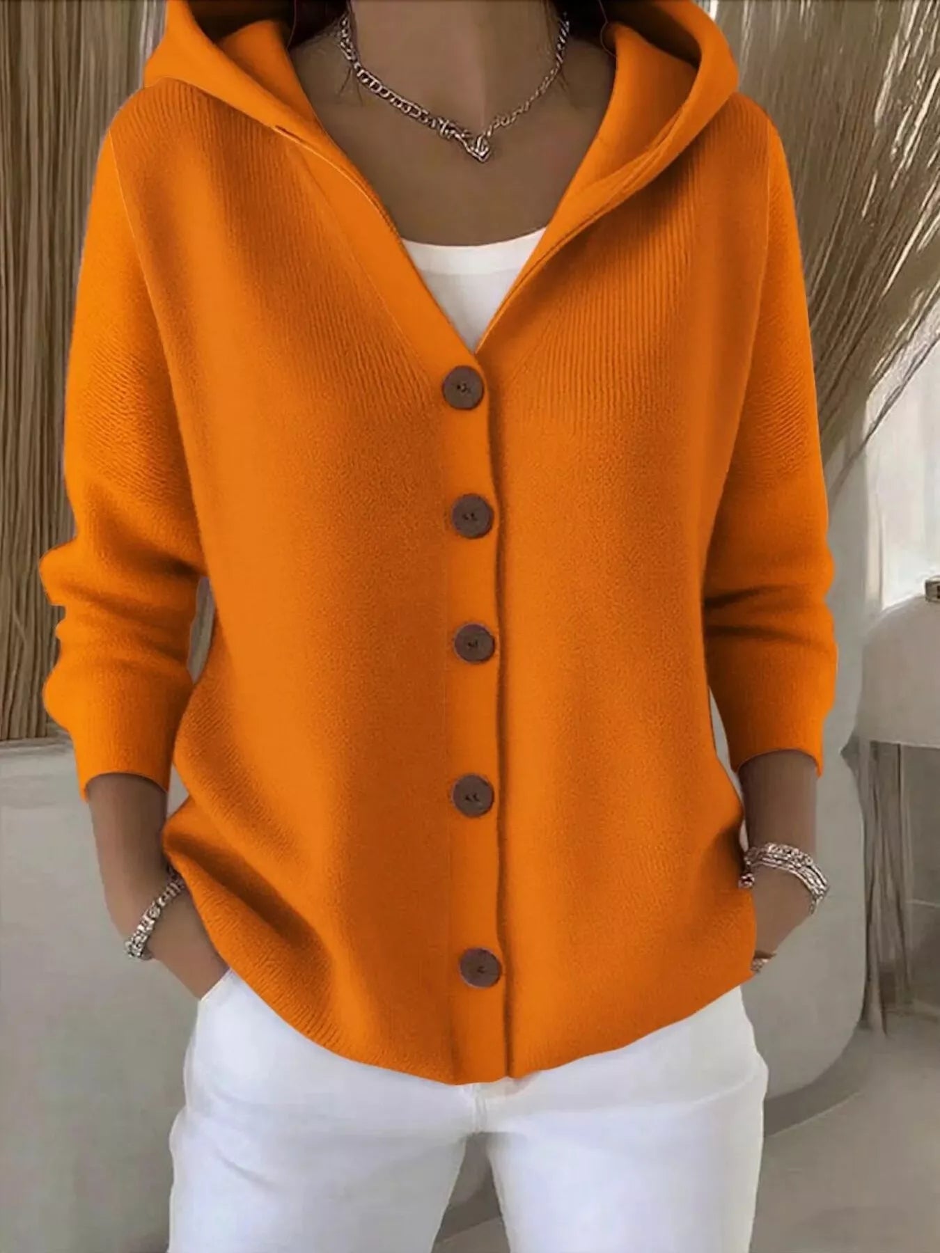 Plus Size Hooded Button-Down Knit Cardigan
