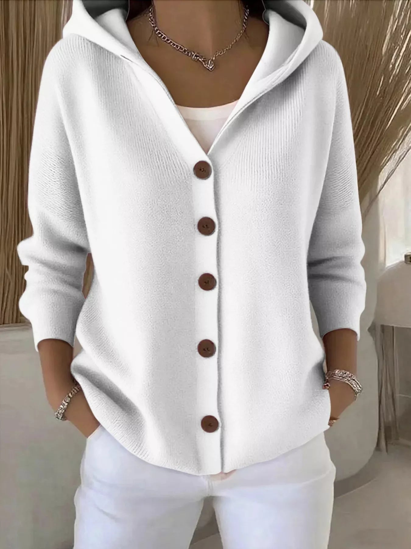Plus Size Hooded Button-Down Knit Cardigan