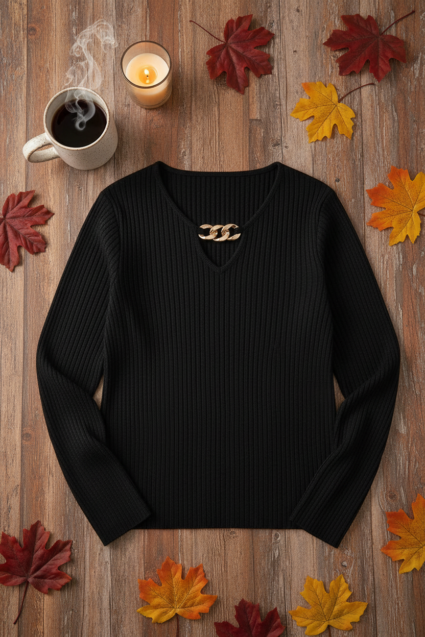 Plus Size V-Neck Ribbed Sweater with Chain Detail