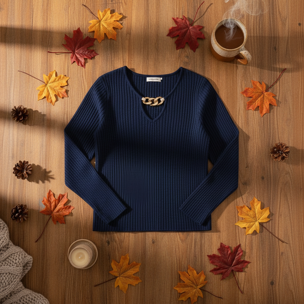 Plus Size V-Neck Ribbed Sweater with Chain Detail