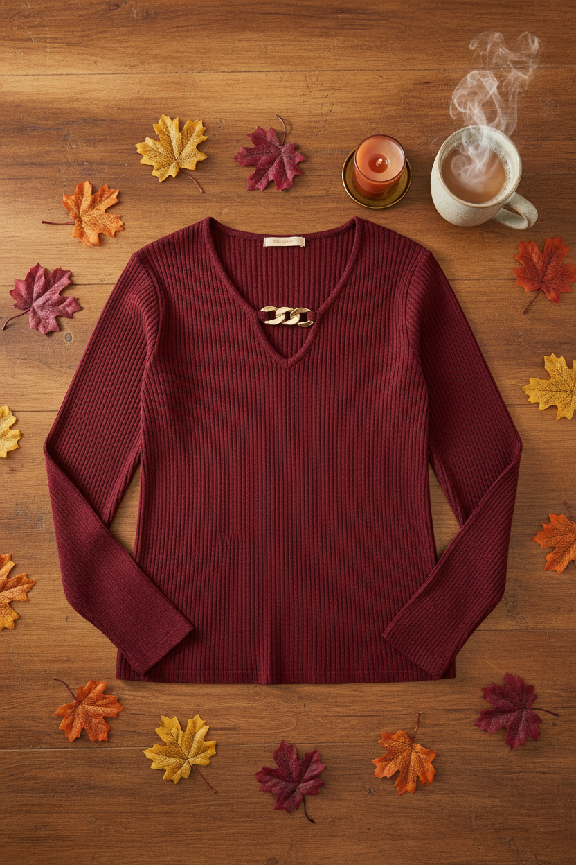 Plus Size V-Neck Ribbed Sweater with Chain Detail