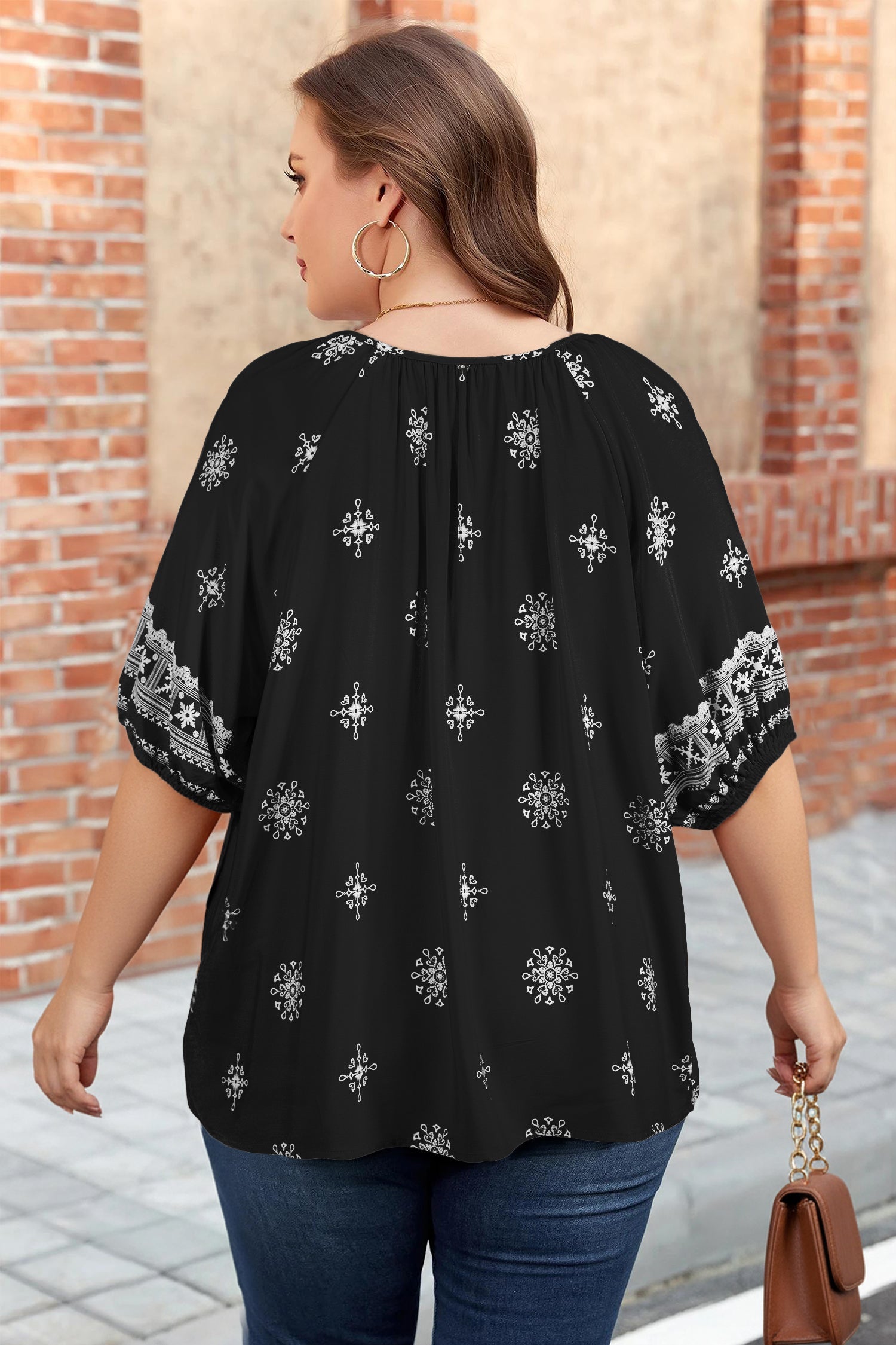 Plus Size Boho Floral Notch V-Neck Top