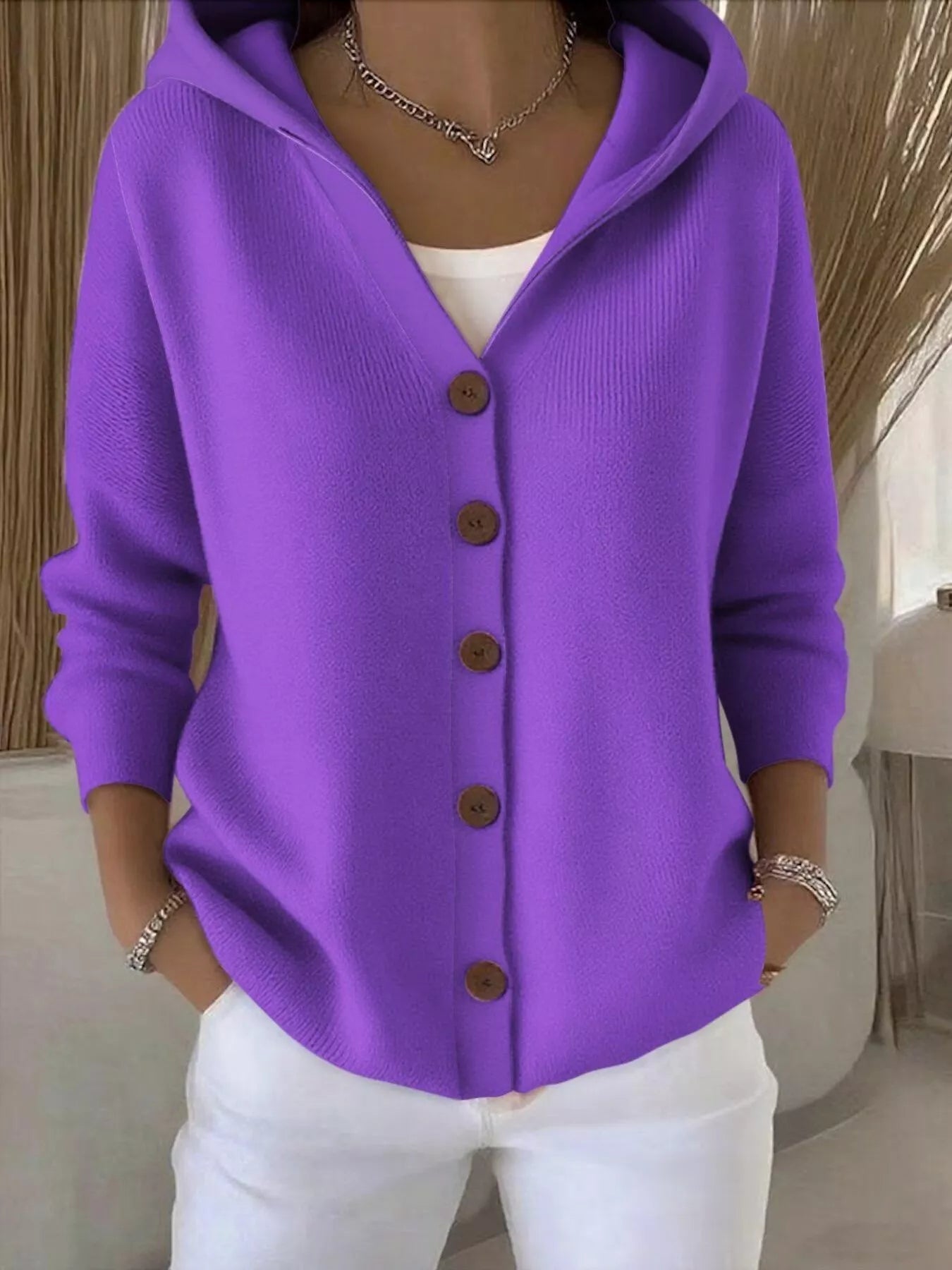 Plus Size Hooded Button-Down Knit Cardigan
